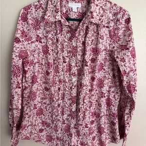 Charter Club Cream and Burgundy Floral Button-Up Shirt
